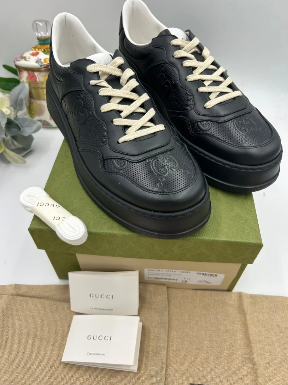 Gucci Chunky B Perforated GG Embossed Leather Sneakers. Size 11.5. (Fits 12.5)